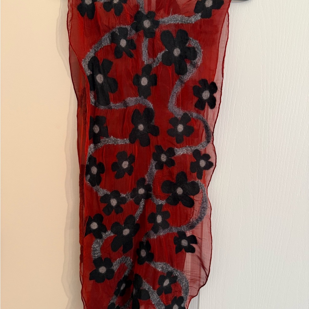 Red Sheer Scarf with Black Floral Design